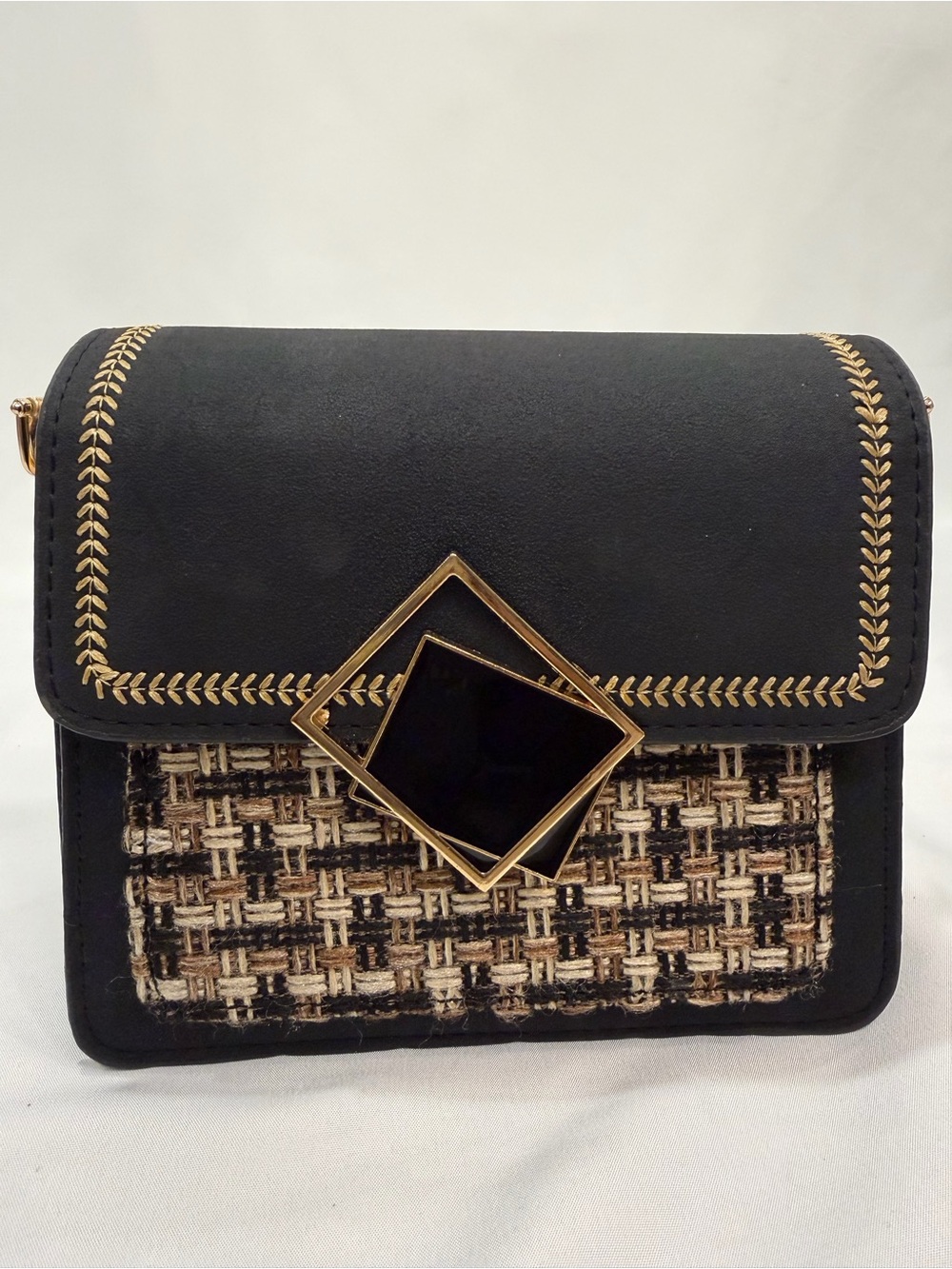 Black Woven Accent Crossbody Bag with Gold Trim
